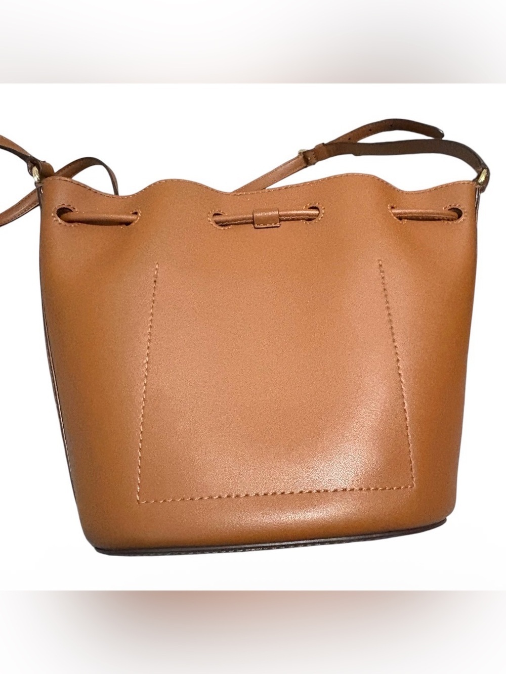 Lauren Ralph Lauren Brown Small Bucket Drawstring Magnetic Bag Gold Logo Strap - Picture 5 of 8